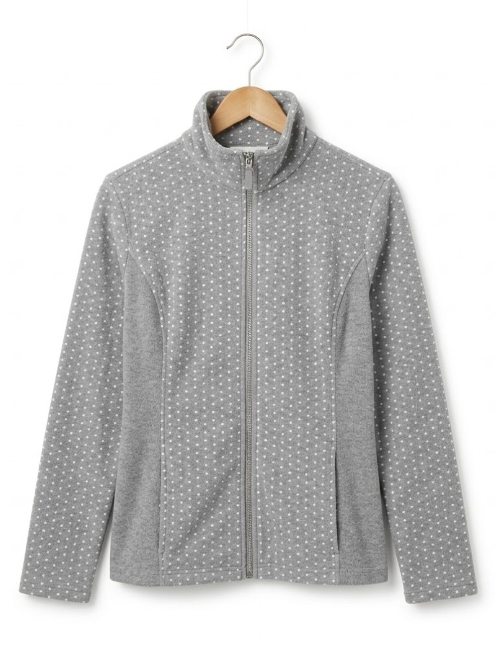 Chico’s Gray Polka Dot Full-Zip Fleece Jacket size Large